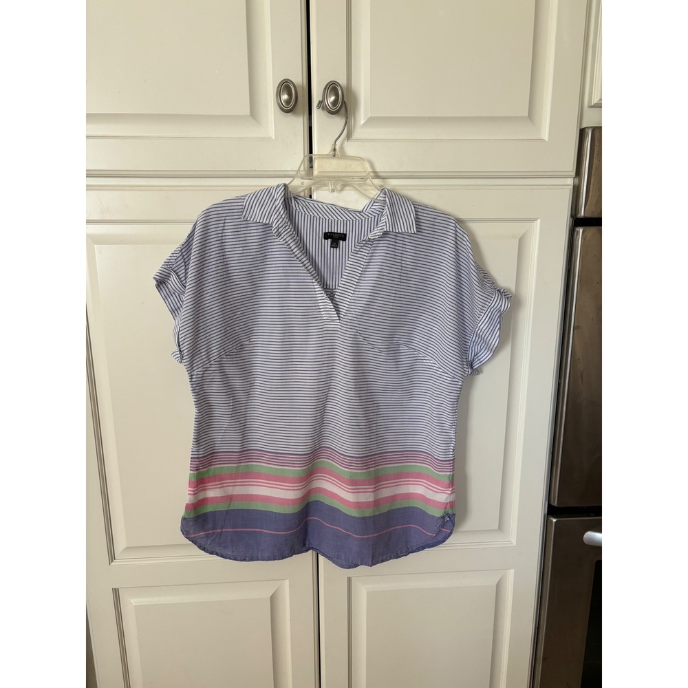 Talbots Petite Blue White Striped Cotton V-Neck Blouse Multi Color Hem LP